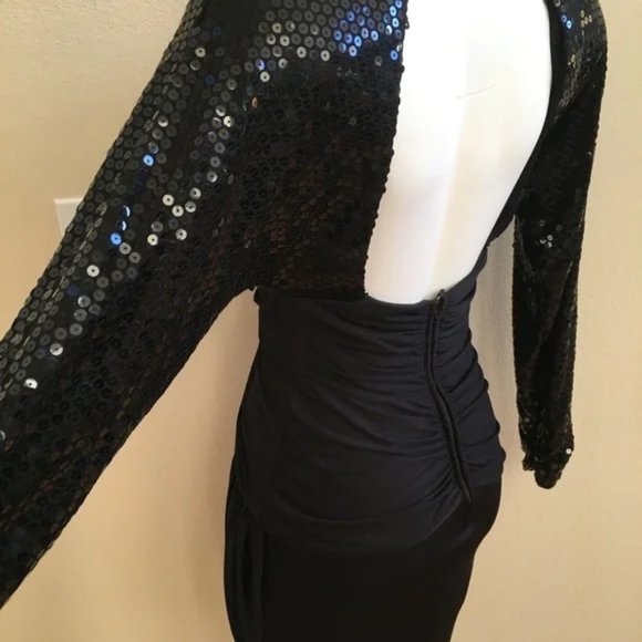 Vintage Karen Okada Black Sequin & Rhinestone Party Dress 6 Backless - Picture 6 of 11